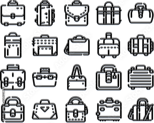 Collection of modern travel bags, suitcases, duffels and briefcases in bold black outline icons on white background, vector set for travel, business, fashion and ui design