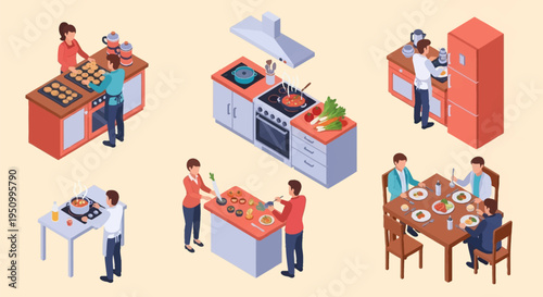 Isometric vector collection featuring people cooking soup on a stove, baking cookies on a tray, organizing a refrigerator, preparing ingredients, and eating dinner at a dining table.