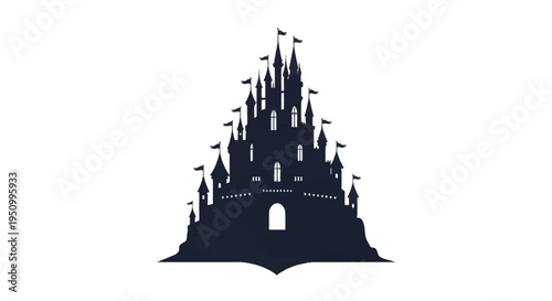 Dark silhouette of a multi-towered fantasy castle with numerous pointed spires, waving flags, and a central arched gateway isolated on a clean white background.