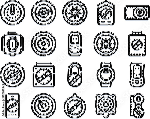 Collection of minimal line art compass icons representing themes of navigation, orientation, wayfinding, travel, adventure, and digital mapping tools for various applications and platforms