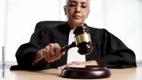 Judge in Courtroom Holding Gavel Ready to Strike, Close Up