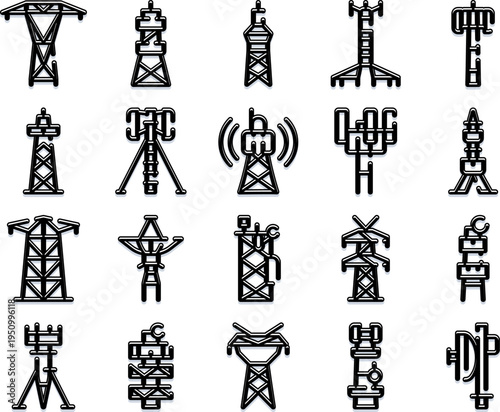 Collection of outline icons showing diverse electricity transmission, telecom and radio pylons, towers and antennas representing power, signal, network and infrastructure systems
