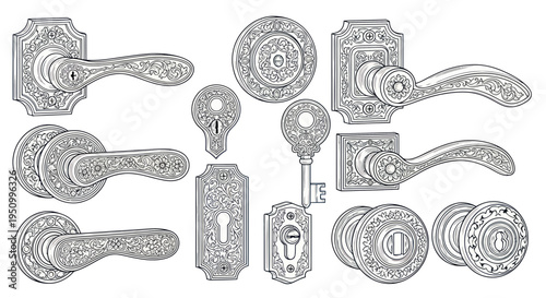 Antique Doorknobs, Door Handles, and Keys Collection - Vintage Hardware Illustration