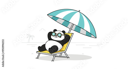 A cute cartoon panda wearing sunglasses relaxing on a beach chair under a striped umbrella on a minimalist beach.