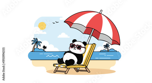 A cute cartoon panda wearing sunglasses relaxes on a beach chair under a striped umbrella on a sunny beach with palm trees and the ocean in the background, enjoying a summer vacation.