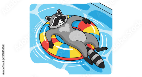 A relaxed cartoon raccoon floats on a colorful striped inner tube in a bright blue swimming pool, enjoying a peaceful summer day.