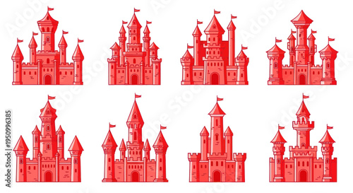 Collection of Fantasy Castles, Fairy Tale Fortresses, Medieval Architecture Illustrations