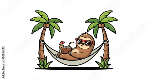 Cartoon sloth wearing sunglasses relaxing in a hammock between two palm trees, enjoying a tropical drink from a coconut.
