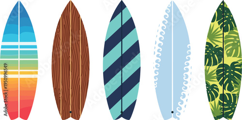 Colorful Surfboard Collection with Gradient, Wood, Stripes, and Tropical Leaf Patterns for Summer Beach and Surfing Illustrations