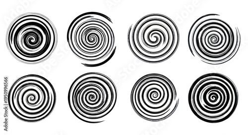 Set of 8 Black Ink Swirls, Spiral Patterns, Grunge Texture, Isolated on White