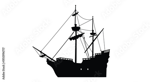 Detailed depiction of a historic sailing ship in dark silhouette