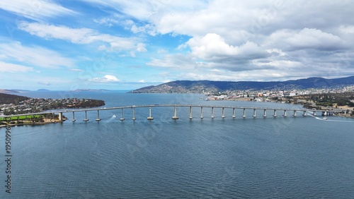 Spectacular aerial photo of Hobart's Tasman Bridge crossing the Derwent River Tasmania Australia