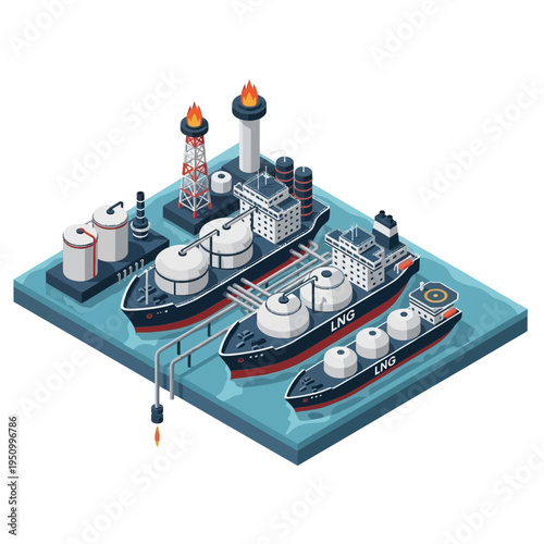 Isometric illustration of an offshore liquefied natural gas (LNG) terminal with ships and industrial infrastructure.