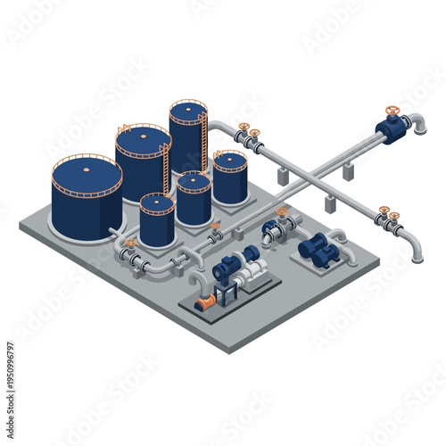 Isometric illustration of an industrial water treatment plant with storage tanks, pumps, and piping systems.