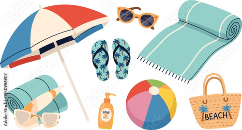 Beach Day Essentials Collection with Umbrella, Towel, Sunglasses, Flip Flops, Sunscreen, and Beach Ball for Vacation Designs