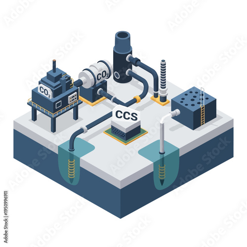 Illustration of a Carbon Capture and Storage (CCS) system, showing CO2 capture, transport, and underground injection for environmental protection.