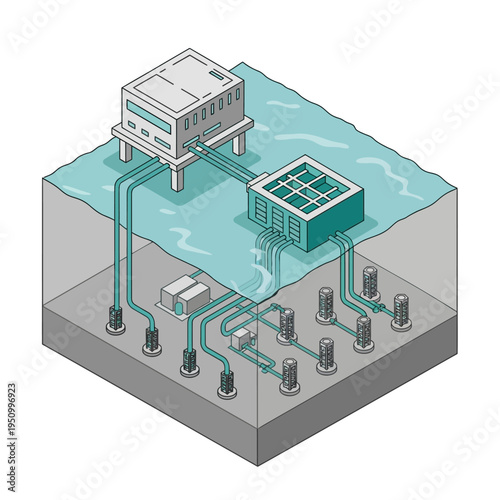 Isometric illustration of a complex offshore energy generation system with submerged components and a control station above water.