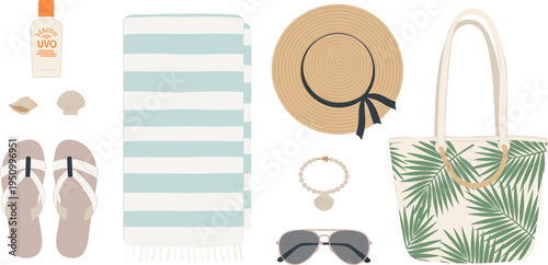 Summer Beach Essentials with Towel, Sunscreen, Hat, Flip Flops, and Tote Bag for Vacation and Relaxation Designs