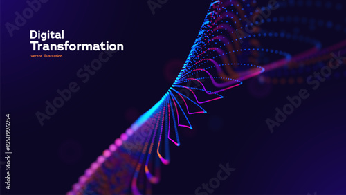 Digital Transformation Background With Glowing Neon Data Waves And Abstract Particle Flow On Dark Blue. Smart Digital Solutions. Vector Illustration.