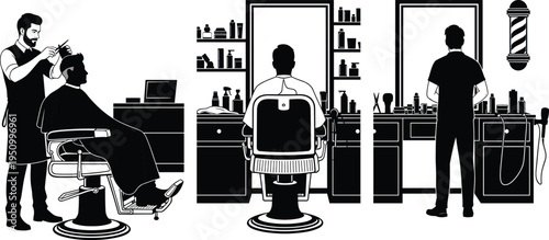 Barbershop Interior with Barber Cutting Hair Silhouette Vector Illustration Salon Workplace Scene with Chair Mirror Tools and Grooming Equipment