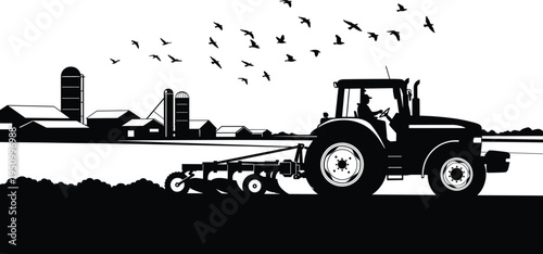 Farm tractor plowing agricultural field near rural barn and silos with flying birds, farming landscape and agriculture industry illustration