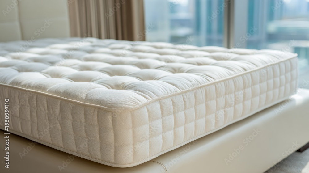 Fototapeta premium Close up of a new comfortable bed with a white quilted mattress indoors