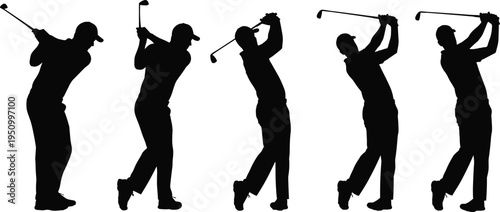 Golfer Swing Sequence Silhouette Showing Step by Step Golf Shot Motion from Backswing to Follow Through Isolated on White Background