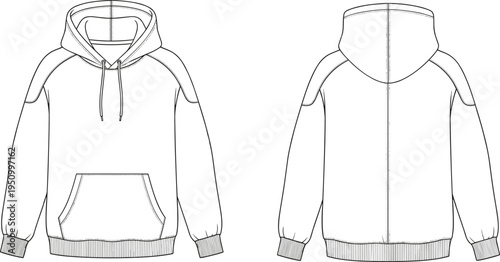 Hoodie sweatshirt technical fashion drawing front and back view with kangaroo pocket hooded casual apparel vector template illustration