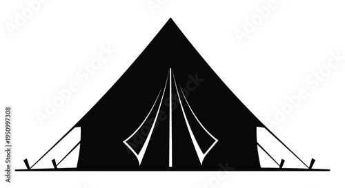Simple black tent illustration with ropes and a dark silhouette