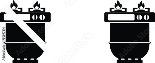 Black and white cooking safety icons showing pot on stove with flames, prohibition sign, proper lid usage, kitchen safety instruction, and food preparation guideline illustration.