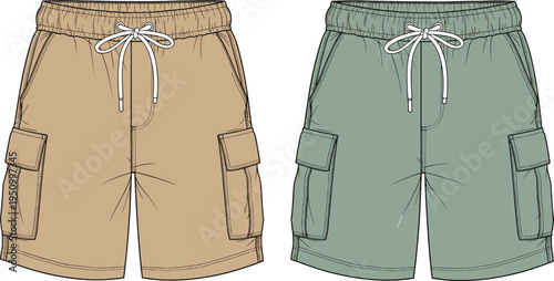 Men cargo shorts fashion flat sketch with drawstring elastic waistband and side flap pockets, apparel technical illustration template for streetwear clothing design mockup