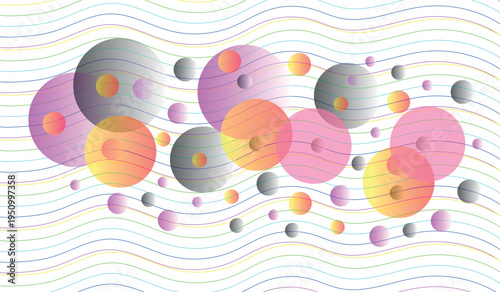 Vibrant abstract composition of colorful circles and wavy lines on a white background with artistic expression