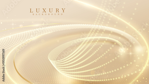 Luxury gold background with glowing golden curved lines and particles sparkling light effect elements.