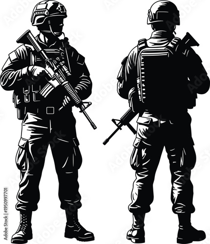 Black and white illustration of two armed soldiers in full combat gear with rifles, helmets, tactical vests, military uniforms, detailed shading, defense and security concept
