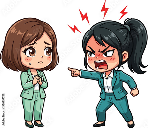 angry, boss, scolding, employee, workplace, conflict, office, stress, argument, criticism, business, people, problem, communication, pressure, cartoon, illustration, emotion, mistake, tension
