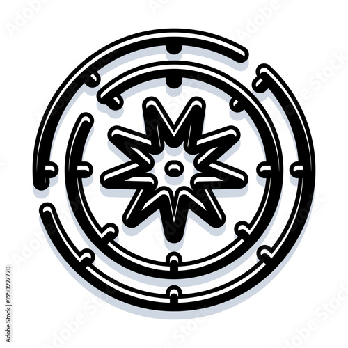 Stylized star icon showing orbital path elements in a modern circular design and abstract pattern, creating a graphic symbol for astronomy, science, or technology concepts