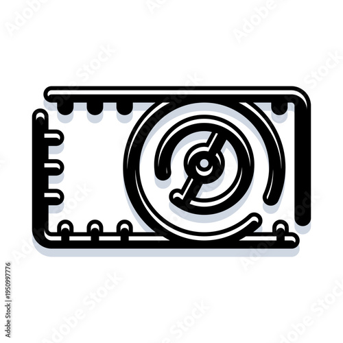 Sleek black and white vector of a gpu graphics card, isolated on white, minimalist tech illustration highlighting circuitry, cooling fan, and high performance computing design for ai and gaming