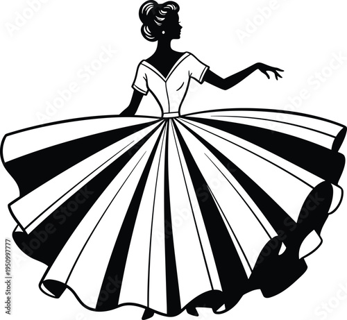 Black and white silhouette illustration of elegant woman in voluminous striped dress, graceful pose with extended arm, vintage fashion artwork emphasizing movement, symmetry, and timeless classic styl