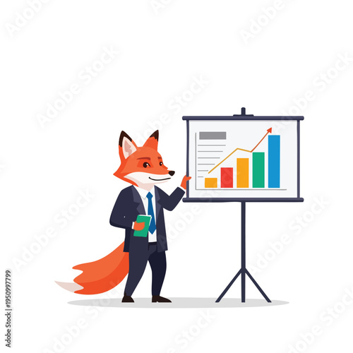 Anthropomorphic fox in suit presents business growth chart on whiteboard