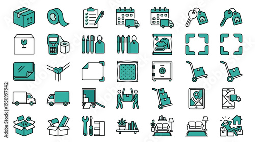 Moving and relocation icon set. Box, truck, dolly, delivery, shipping, transport, home, house, storage, logistics, service, packaging, furniture, keys, checklist, tools, van
