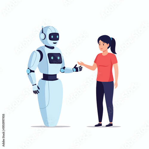 A friendly robot offers a hand to a young woman in a coral shirt
