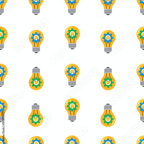 Seamless pattern of yellow light bulbs with internal gears on a white background
