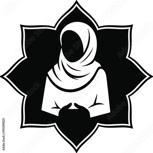 Black and white of a woman wearing a hijab inside a stylized star shape