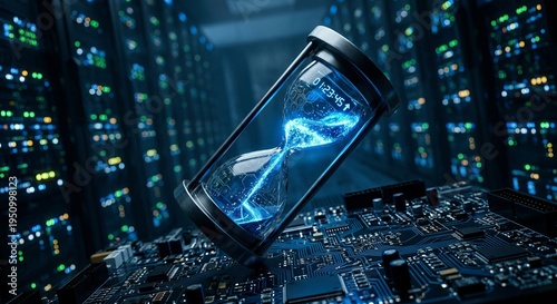 Conceptual Digital Transformation: Hourglass Displaying Data Flow on a Printed Circuit Board