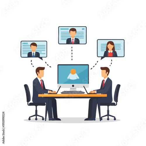 Two men at a desk communicate with others on screens