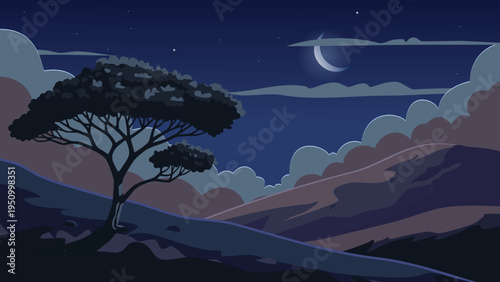 Stylized night landscape featuring a lone tree on a hill under a crescent moon. Flat vector illustration for background or web design.
