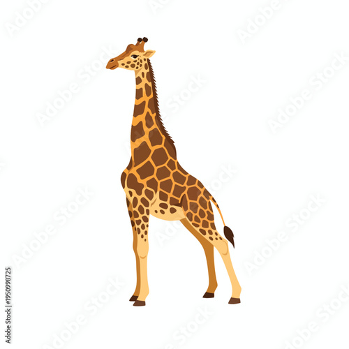 A stylized giraffe stands tall, its patterned coat in shades of brown and tan