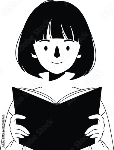 A young girl reading a book with a happy expression