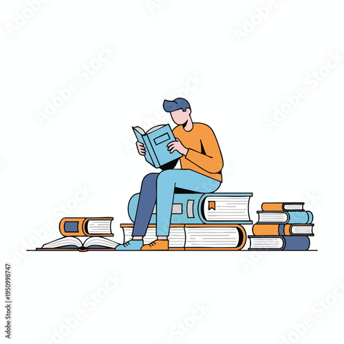 A person wearing a cap sits on a pile of books, reading another