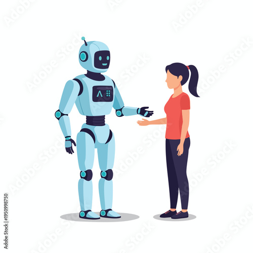 A friendly blue robot extends a hand to a young woman, signifying connection